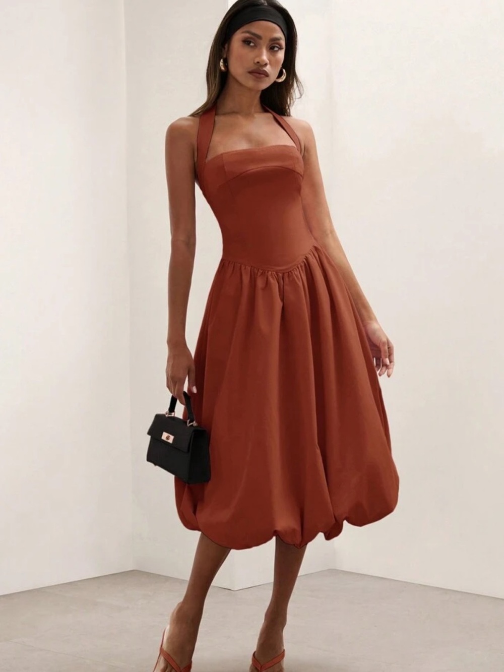 Halter Bubble Hem Midi Dress in Rust